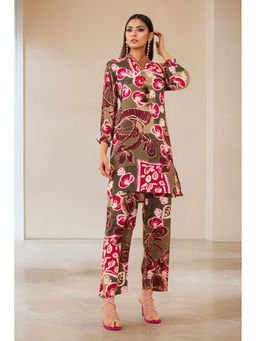 Soch - Womens Olive & Pink Cotton Floral Print Co-Ord with Beads & Stones (Set of 2)