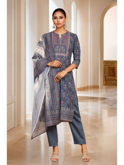 Soch - Blue Print with Dupatta Embroidery Cotton Blend Kurta & Pant with Dupatta (Set of 3)