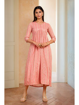 Soch - Womens Onion Pink Cotton Floral Printed Alia Cut Ethnic Dress with Sequins