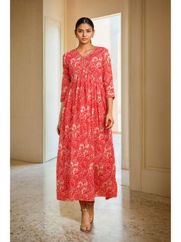 Soch - Women's Red Cotton Floral Print Dress