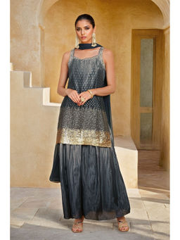 Soch - Womens Grey Sequinned Embellished Kurti with Palazzo and Dupatta (Set of 3)