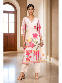 Soch - Womens Off White Cotton Printed Embroidered Kurta with Pant (Set of 2)