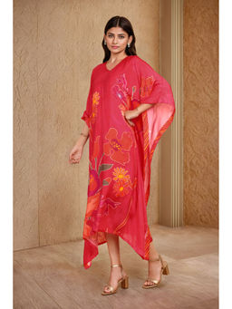 Soch - Womens Red Floral Print Kaftan with Beads and Stones