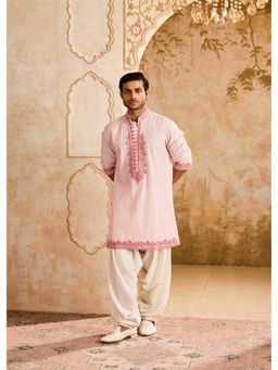 HISTORI - Cotton Silk Men Pink Embroidered Kurta with Salwar