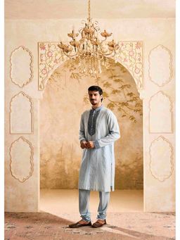 HISTORI - Cotton Silk Men Blue Embroidered Kurta with Churidar