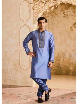 HISTORI - Chanderi Men Blue Embellished Kurta with Churidar