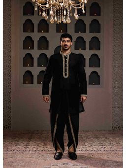 HISTORI - Cotton Silk Men Black Embroidered Kurta with Dhoti