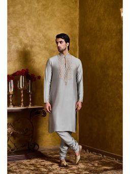 HISTORI - Cotton Silk Men Grey Embroidered Kurta with Churidar