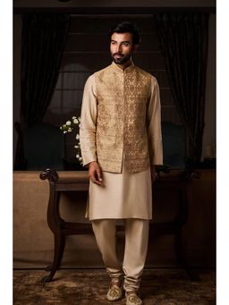 HISTORI - Silk Men Beige Embroidered Nehru Jacket and Kurta with Churidar