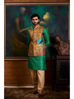 HISTORI - Cotton Silk Men Rust Abstract Nehru Jacket and Kurta with Churidar