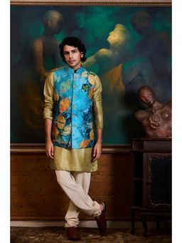 HISTORI - Cotton Silk Men Teal Floral Nehru Jacket and Kurta with Churidar