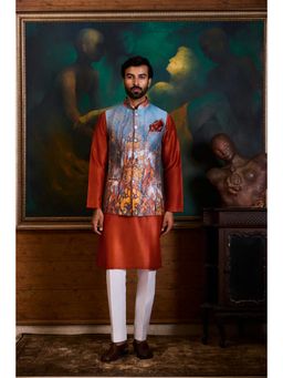 HISTORI - Cotton Men Maroon Abstract Nehru Jacket and Kurta with Pant