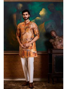 HISTORI - Cotton Silk Men Mustard Abstract Kurta with Churidar