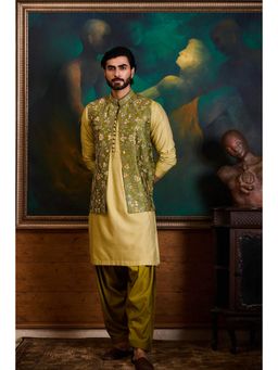 HISTORI - Cotton Men Olive Embroidered Nehru Jacket and Kurta with Salwar