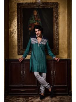HISTORI - Cotton Silk Men Teal Embroidered Kurta with Churidar