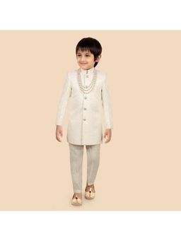 ETHNIKS NEURON - Off White Stone Worked Jacquard Sherwani and Pant and Mala