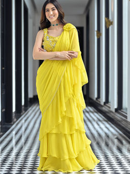 Lavanya The Label - Noor Yellow Ruffle Ready to Wear Saree with Stitched Blouse