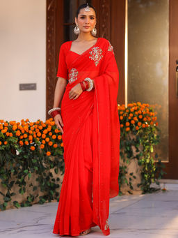 Lavanya The Label - Maina Red Saree with Unstitched Blouse