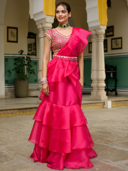 Lavanya The Label - Pink Petal Layered Ready to Wear Saree & Belt with Stitched Blouse