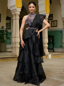 Lavanya The Label - Midnight Black Ruffle Ready to Wear Saree & Belt with Stitched Blouse