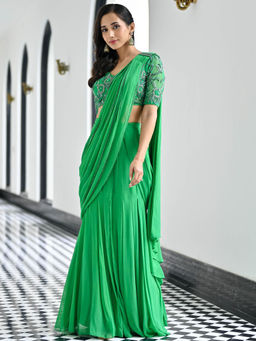 Lavanya The Label - Day Dreamer Green Ready to Wear Saree with Stitched Blouse