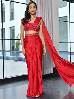 Lavanya The Label - Crystal Couture Red Royalty Ready to Wear Saree with Stitched Blouse
