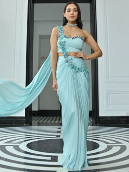 Lavanya The Label - Crystal Couture Sky Blue Ready to Wear Saree with Stitched Blouse
