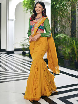 Lavanya The Label - Mustard Organza Ready to Wear Saree with Stitched Blouse