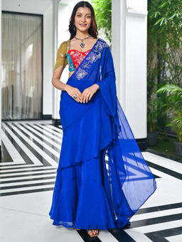 Lavanya The Label - Electric Blue Organza Ready to Wear Saree with Stitched Blouse