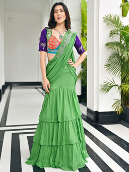 Lavanya The Label - Sage Green Organza Ready to Wear Saree with Stitched Blouse