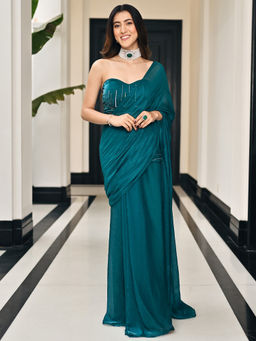 Lavanya The Label - Nayra Turquoise Ready to Wear Saree with Stitched Blouse
