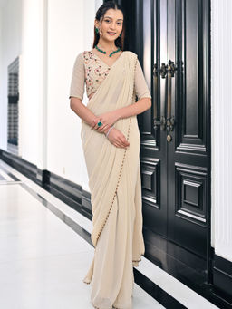Lavanya The Label - Phoolkari Beige Ready to Wear Saree with Stitched Blouse