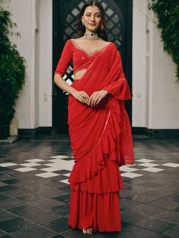 Lavanya The Label - Phoolkari Red Ready to Wear Saree with Stitched Blouse