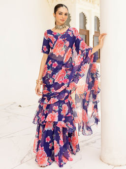 Lavanya The Label - Bagh Blue Ready to Wear Saree with Stitched Blouse