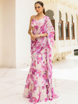 Lavanya The Label - Bagh White Ready to Wear Saree with Stitched Blouse