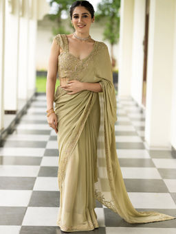 Lavanya The Label - The Dabka Beige Ready to Wear Saree with Stitched Blouse