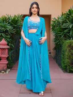Lavanya The Label - Modern Teal Shrug & Ready to Wear Saree with Stitched Blouse