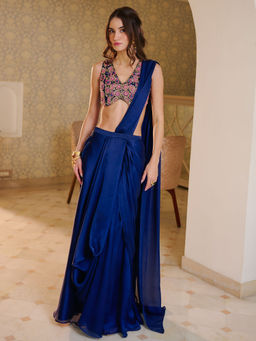 Lavanya The Label - Modern Navy Blue Ready to Wear Saree with Stitched Blouse