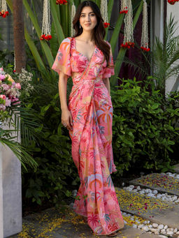 Lavanya The Label - Peach Printed Ready to Wear Saree & Belt with Stitched Blouse