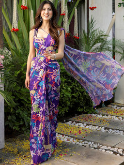 Lavanya The Label - Violet Printed Ready to Wear Saree & Belt with Stitched Blouse
