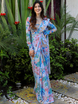 Lavanya The Label - Blue Baag Printed Ready to Wear Saree & Belt with Stitched Blouse