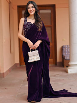 Lavanya The Label - Purple Velvet Ready to Wear Saree with Stitched Blouse