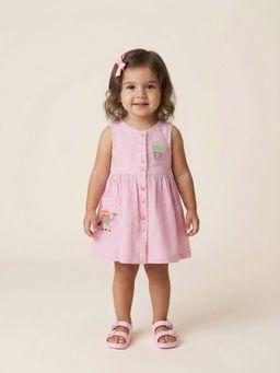 Nautinati - Girls' 100% Cotton Striped, Camel & Cactus Embroidered Fit & Flare Dress