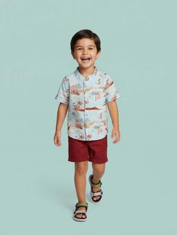 Nautinati - Boys' Cotton Blend All-over Palm Tree and Surfer Shirt & Shorts Co-ord Set