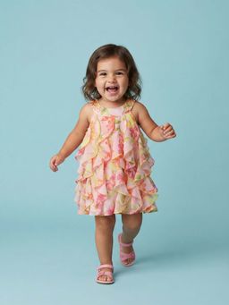 Nautinati - Pink Yellow Floral Georgette A-Line Dress