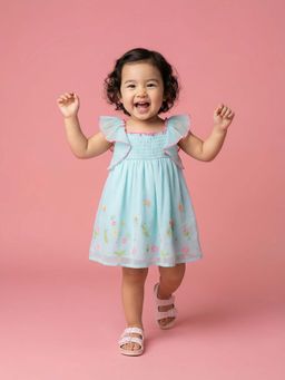 Nautinati - Girls' Georgette Floral Embroidered Smocked A-Line Dress
