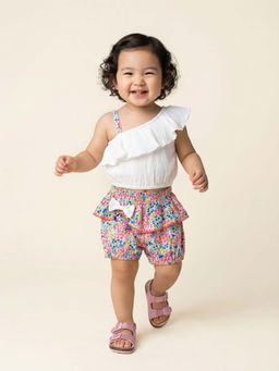 Nautinati - Girls' Single-shouldered Top & All-over Floral Shorts Co-ord Set