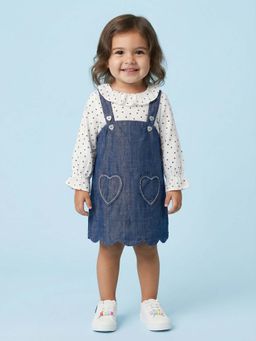 Nautinati - Infant Girls Cotton Pinafore with Polka Dots Printed Top (Set of 2)