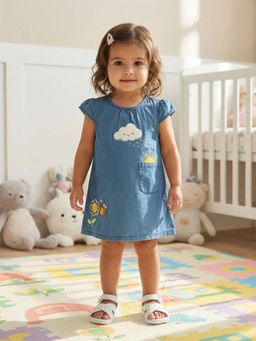 Nautinati - Nautinati Girls' Denim Cloud, Sun, Floral Bee & Rain Applique A-Line Dress