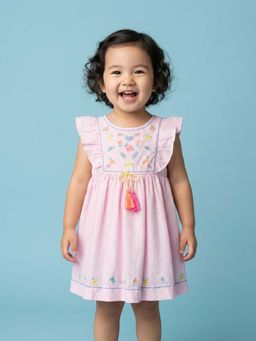 Nautinati - Girls Pink Embroidered Knee Length Dress
